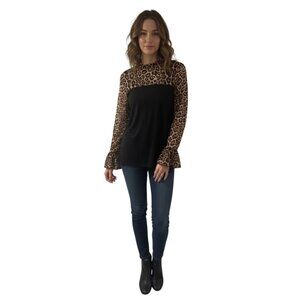 Sterling Kreek Womens Leopard Print Ruffle Long Sleeve Top L